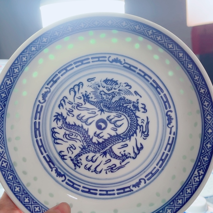 青花玲珑8寸窝盘龙纹