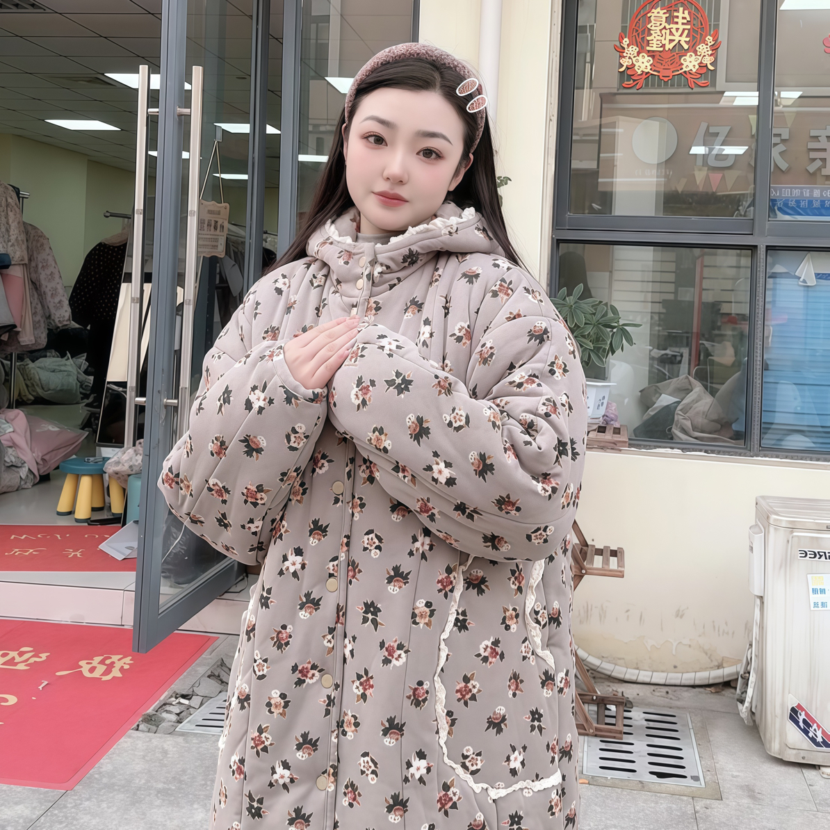 【LZW】新疆棉宽松大长款山茶花300g加大口袋加厚款连帽棉服外套