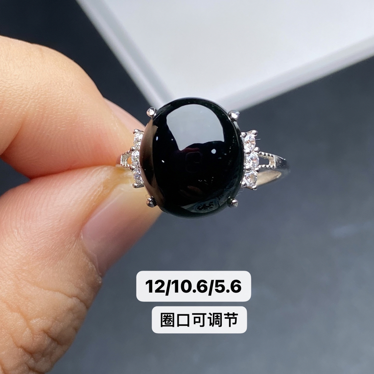 【墨翠戒指】  s925银镶嵌灯打通透 品相饱满大气 尺寸如图一 