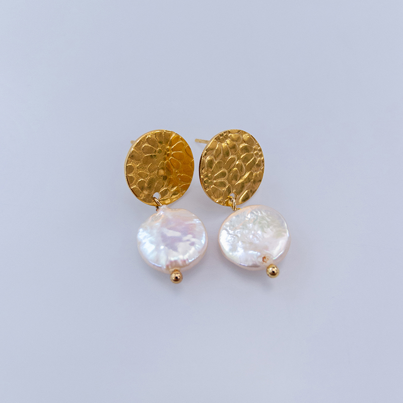 【觅野】天然淡水巴洛克珍珠耳钉 精致复古纽扣珍珠耳坠 E036-1 A