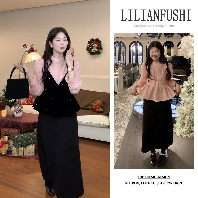 时尚穿搭女2025秋冬新款百搭长袖上衣叠穿吊带显瘦半身裙三件套装