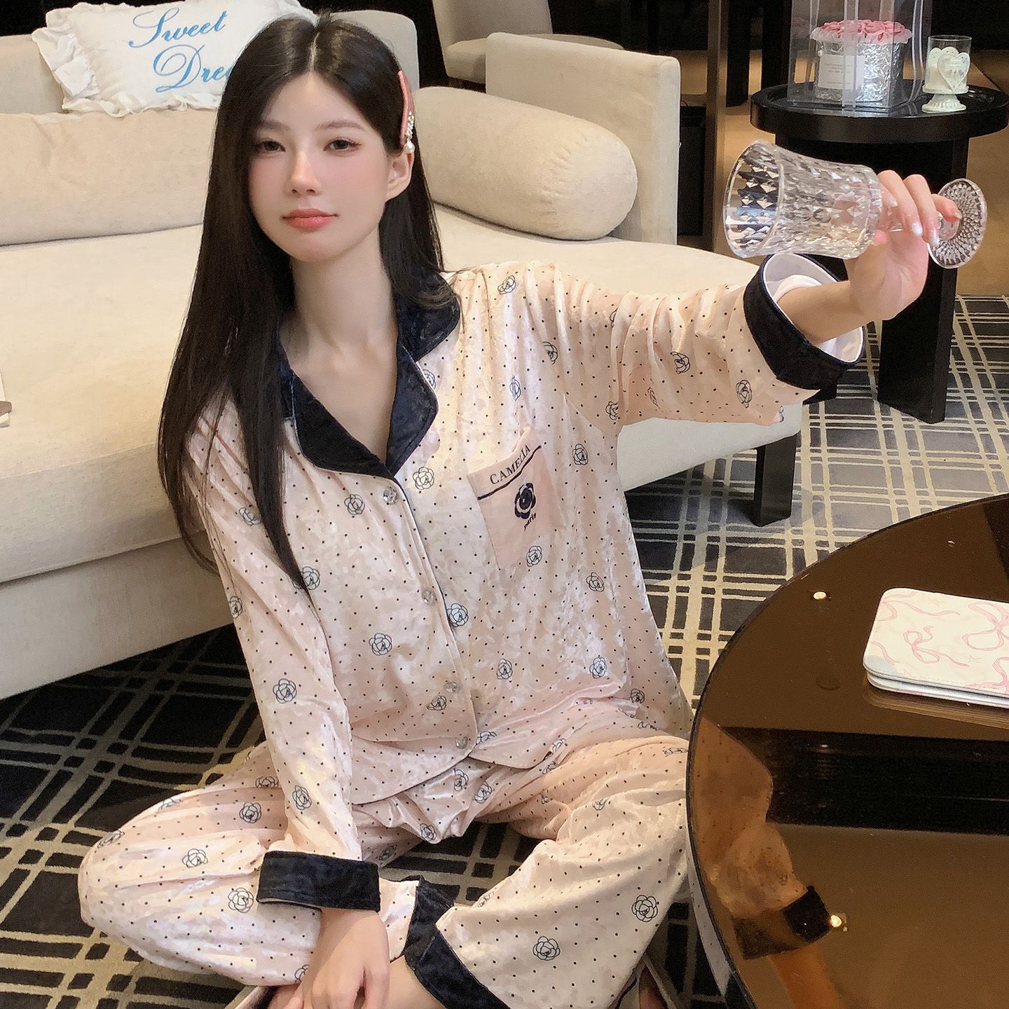 【中環专享品牌清-A】钻石绒秋冬新款睡衣家居服套装723#杏色山茶花