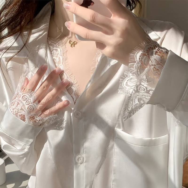 纯欲风蕾丝性感长袖白衬衫夏季睡衣短裤宽松薄款法式纯欲风睡衣