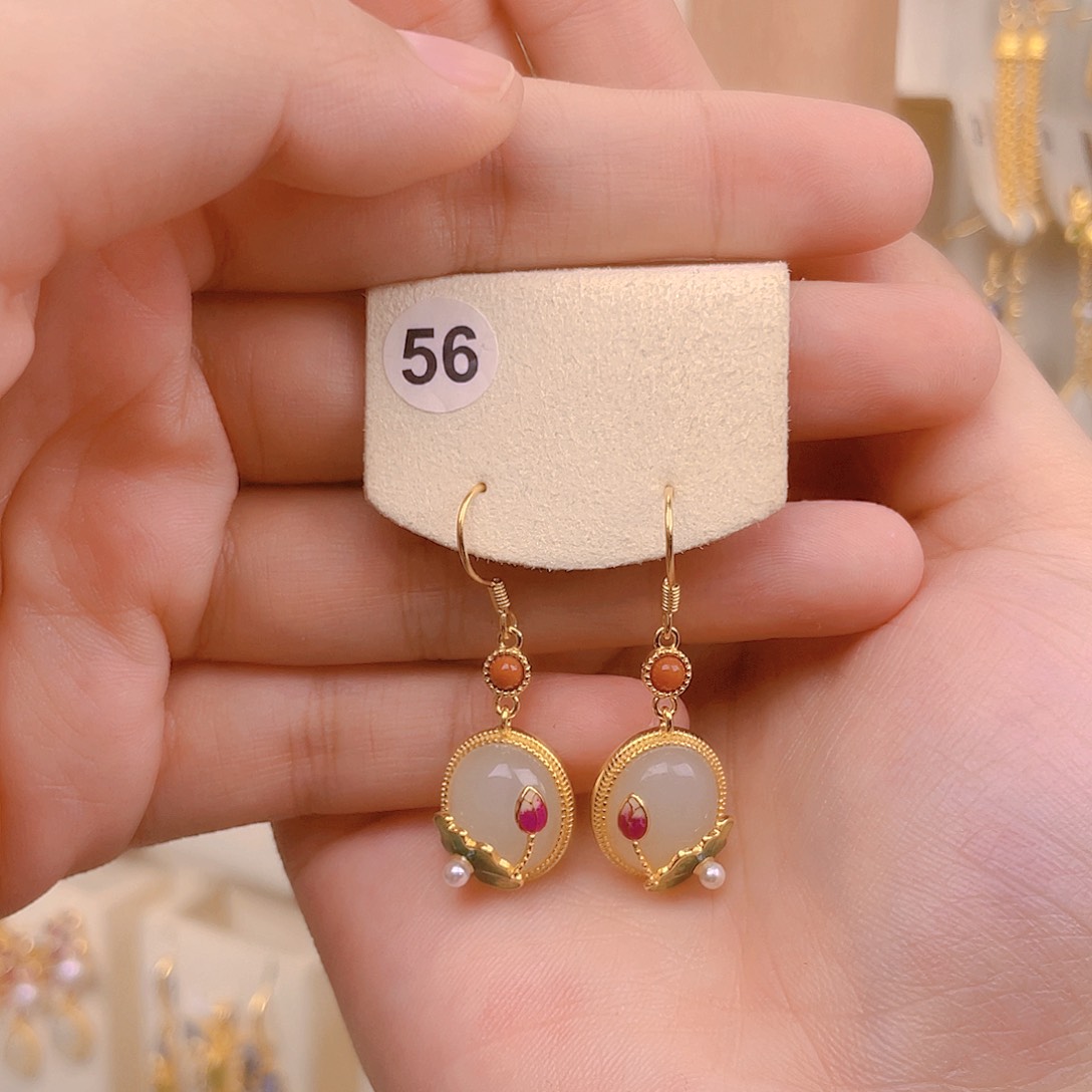 和田玉耳饰银S925镀金镶嵌