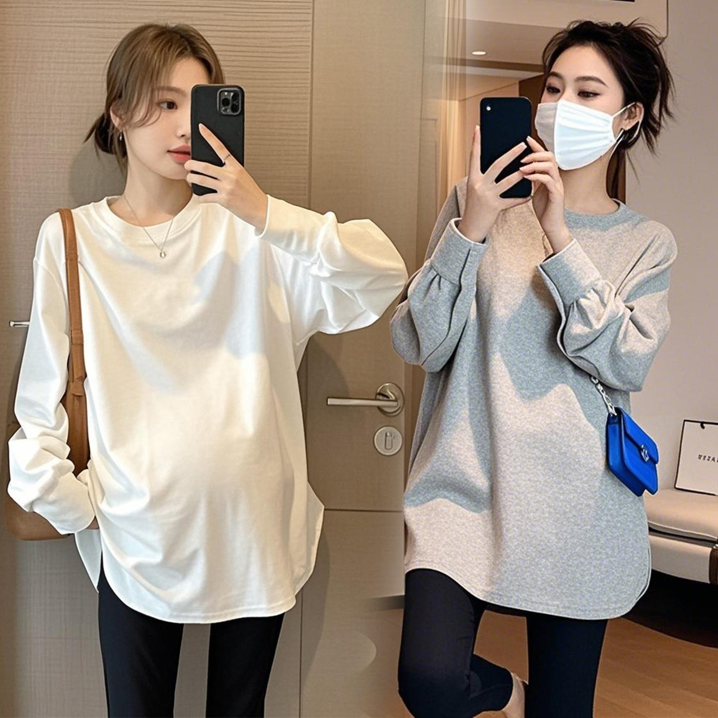 孕妇装秋季上衣2025新款韩版宽松圆领T恤卫衣小个子打底衫内搭女