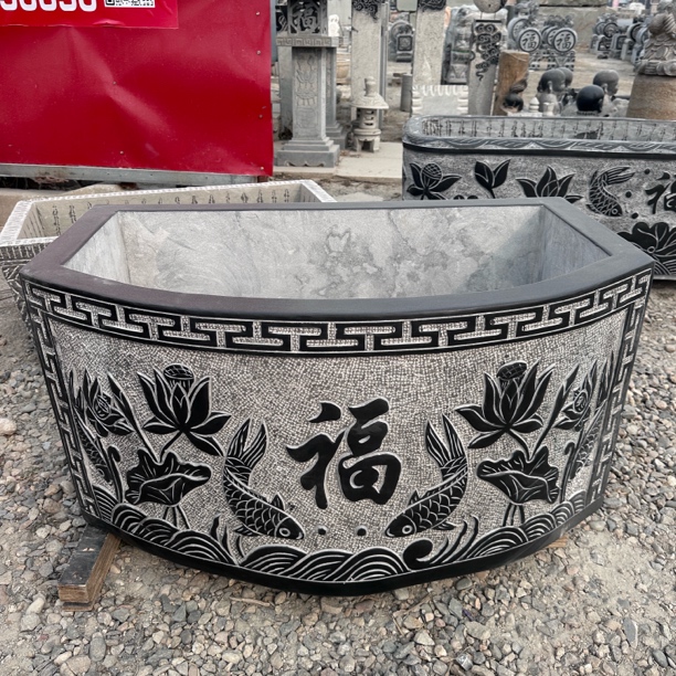 石雕鱼缸青石仿古水缸椭圆花盆半圆流水槽庭院户外养鱼池墙壁盆