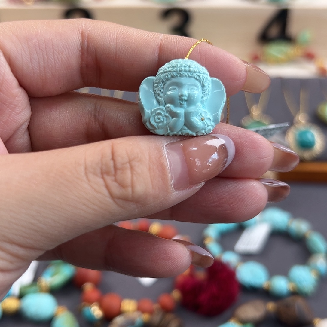 绿松石未镶嵌把件嘟嘟嘴小天使配饰