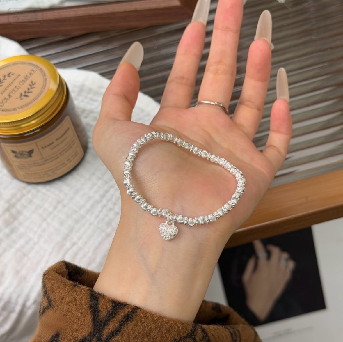 足银手链 【假一罚十】足银999韩系爱心ins满钻手链手工8 