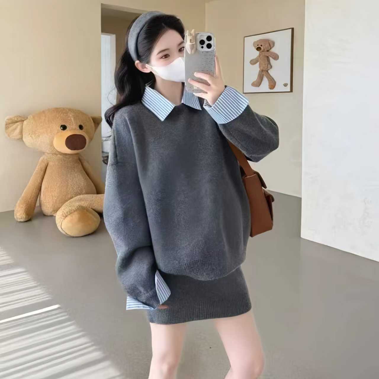 6015学院风套装衬衫拼接毛衣女秋季高腰显瘦半身短裙两件套