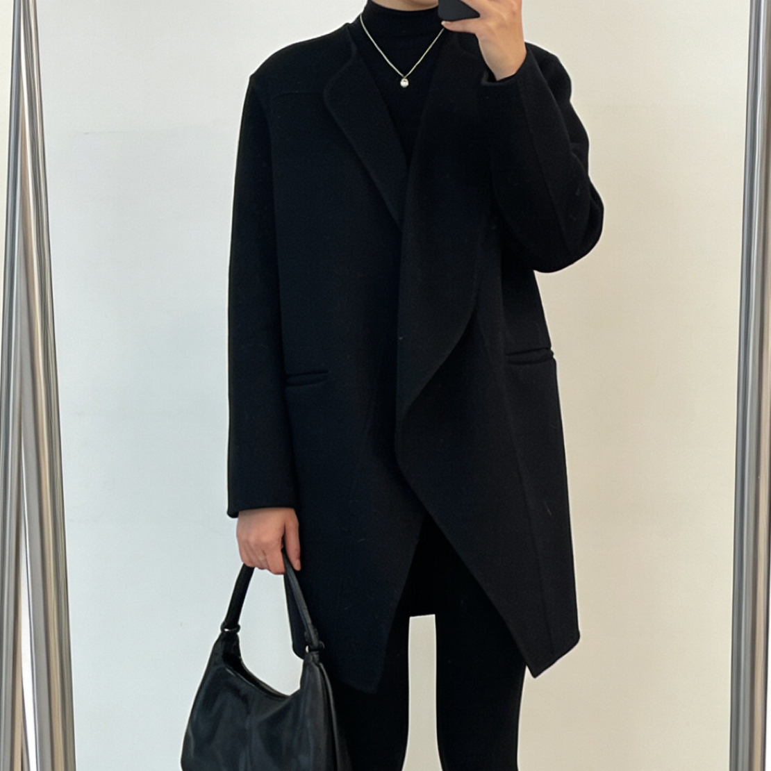 99新 Celine/思琳 D500495/黑色长款大衣/36码