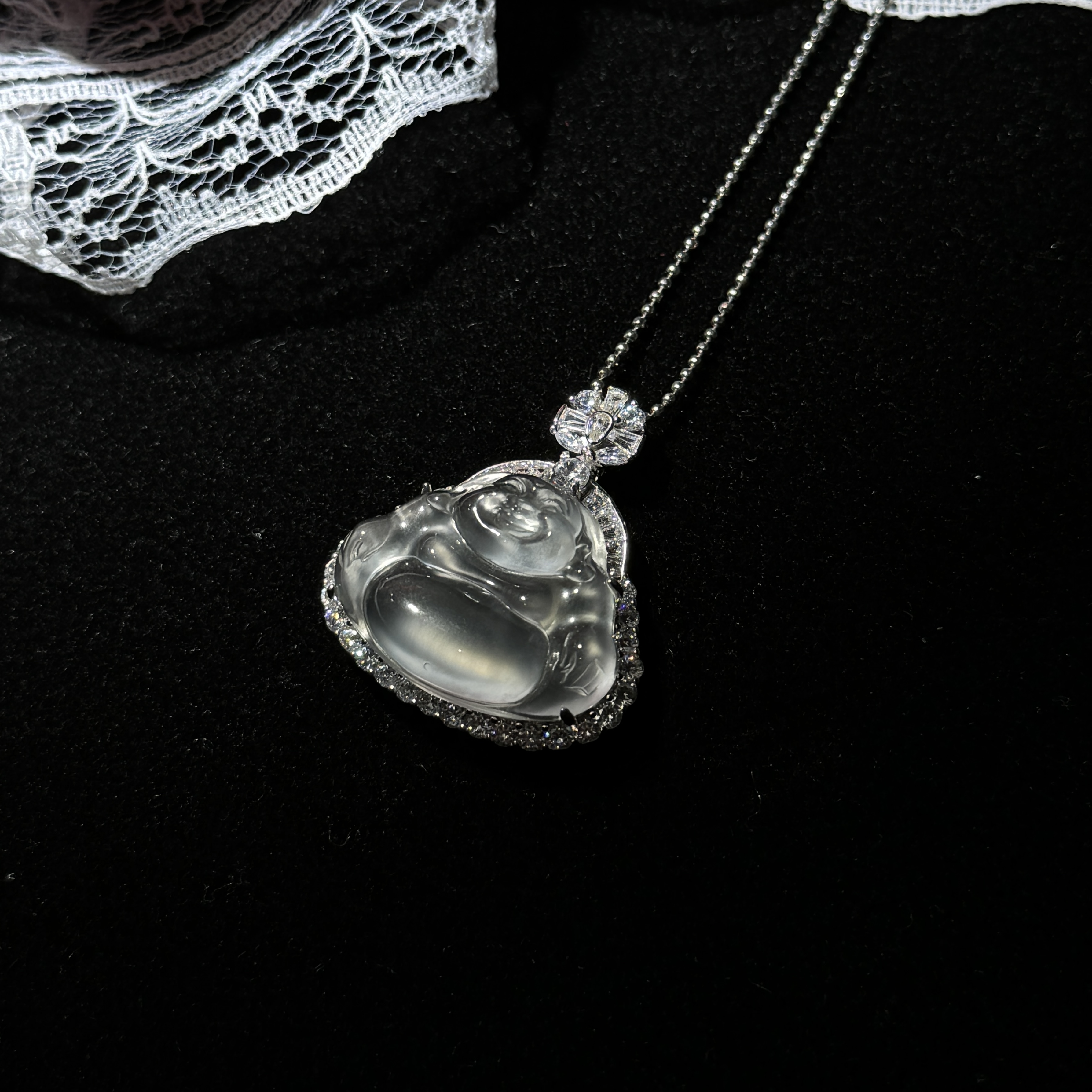 天然玉石高冰大肚佛满钻佛公吊坠s925银时尚挂件