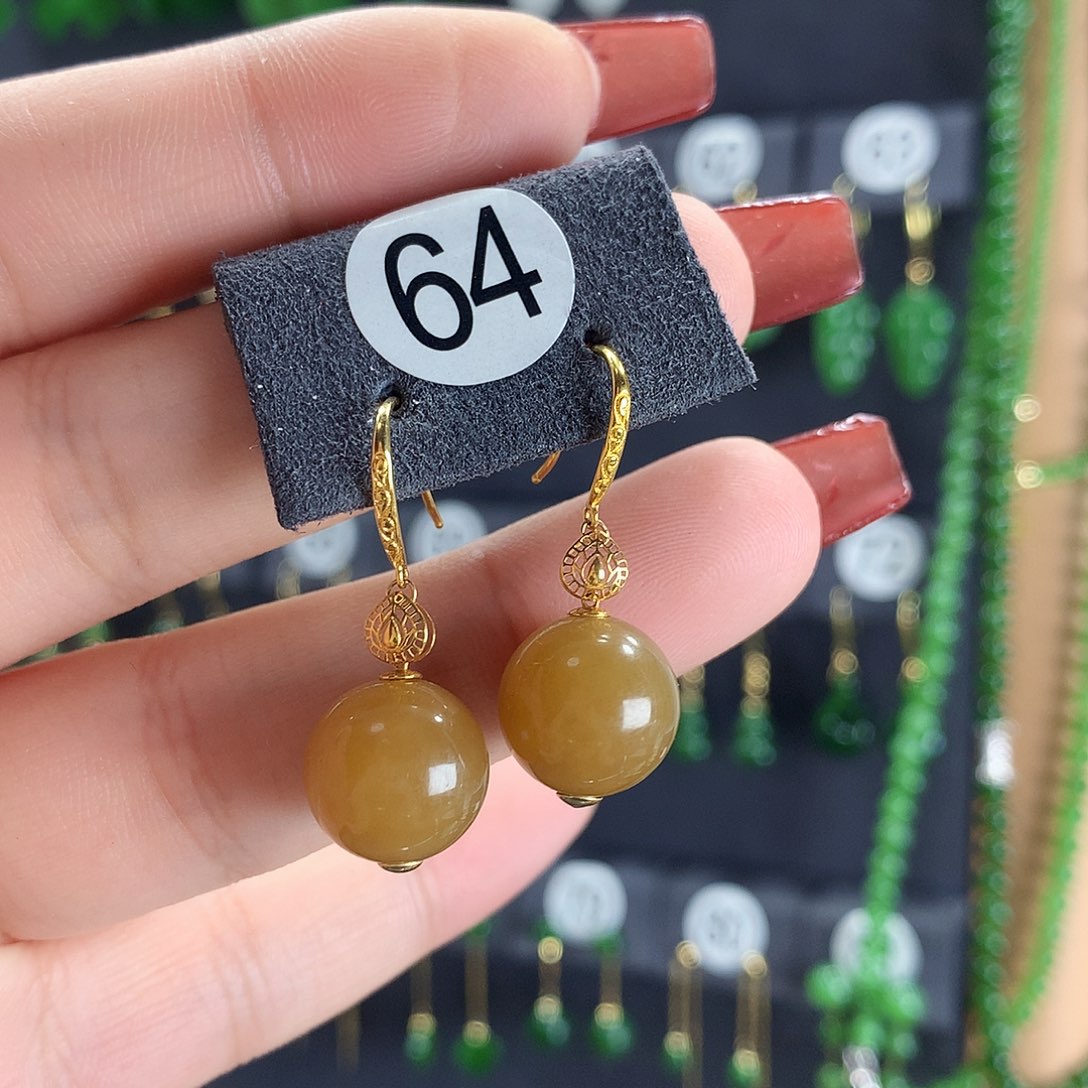 和田玉耳饰18K金镶嵌64