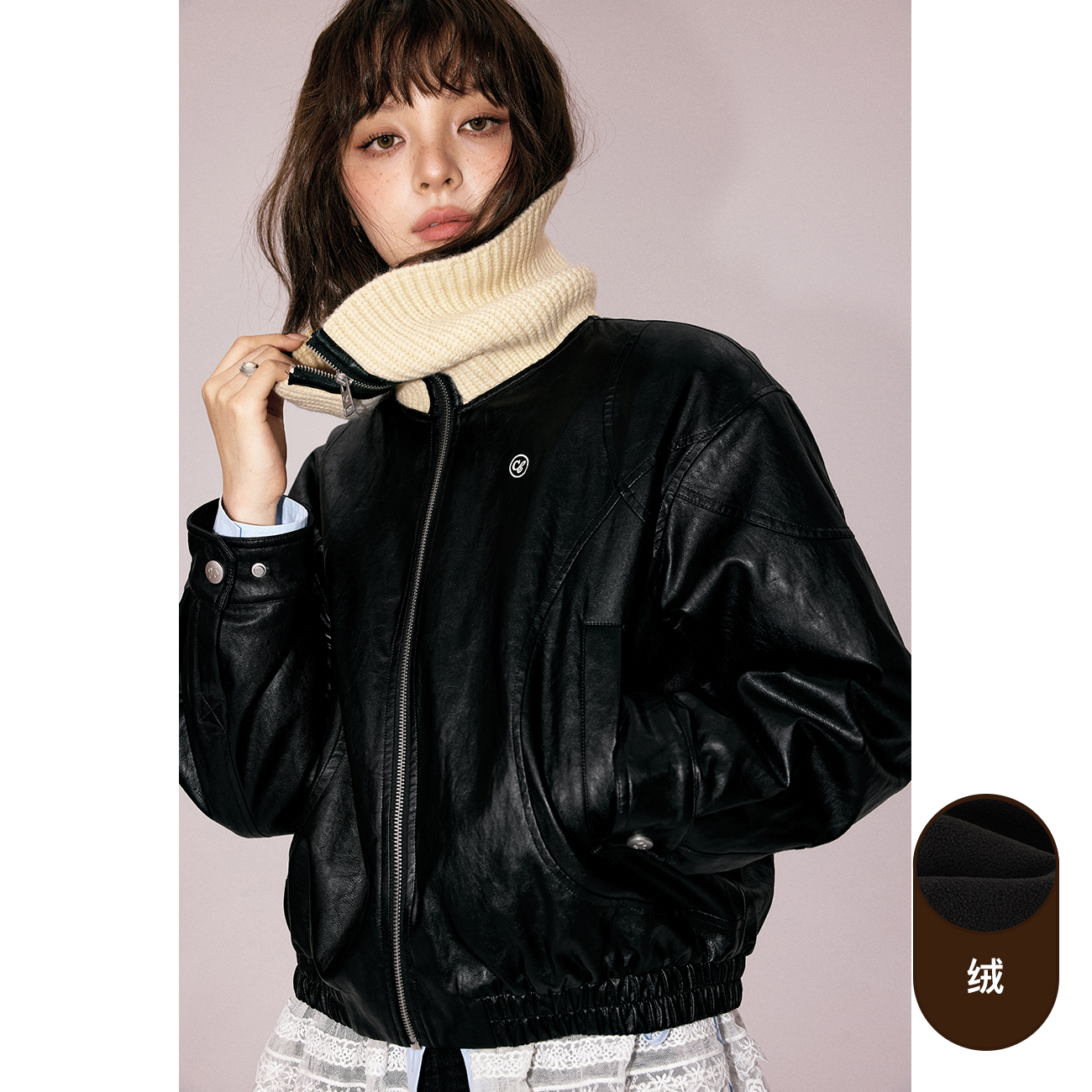 CHUU冬季女装字母刺绣风设计大翻领拉链加绒个性仿PU皮韩系外套