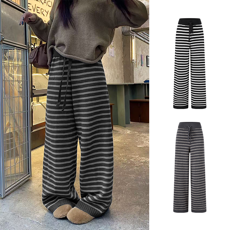 Moses Queen/魔西女王高腰松弛感条纹阔腿裤秋冬垂感直筒针织长裤