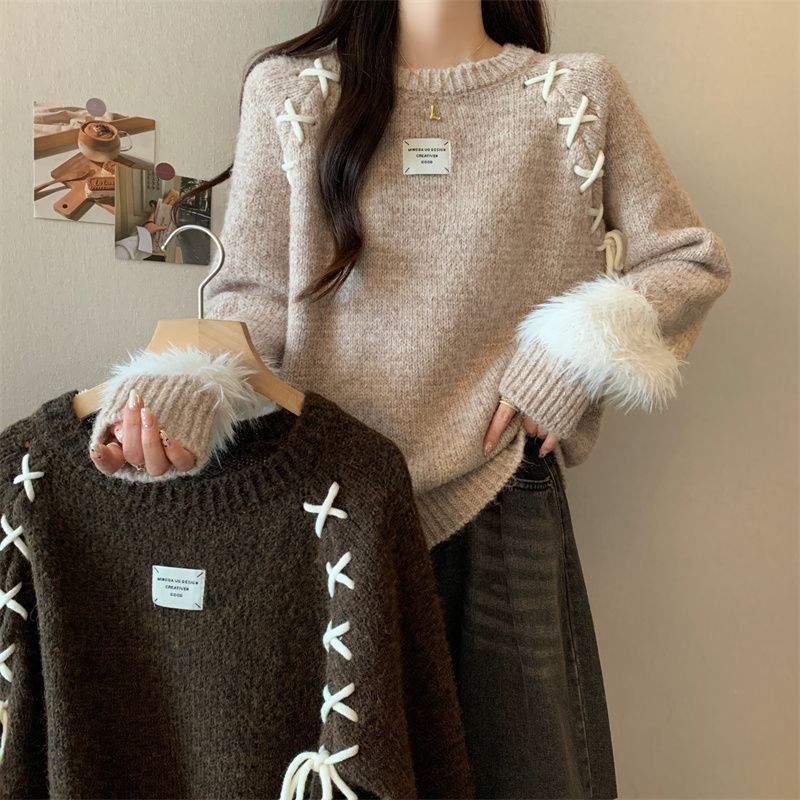 大码韩版女装秋冬时尚设计感蝴蝶结系带毛绒袖口针织衫女