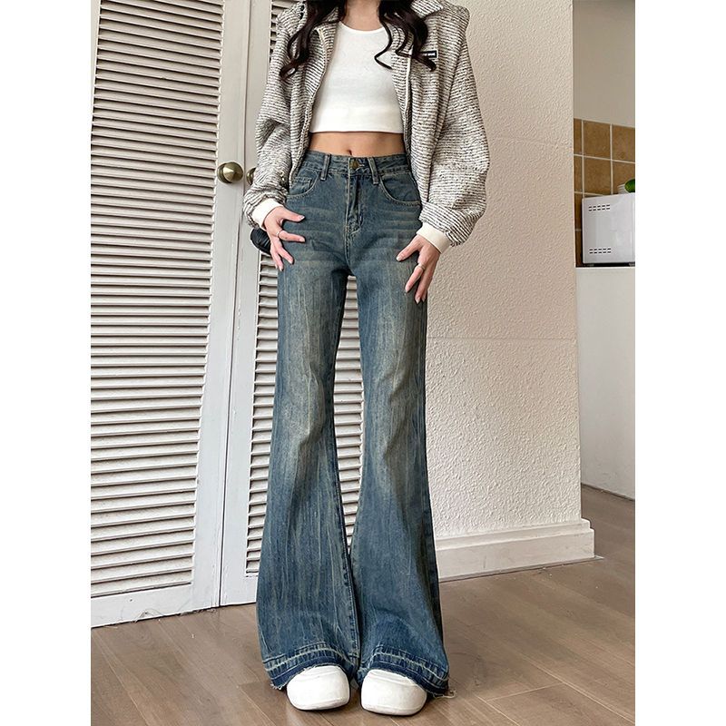 小个子慵懒美式复古水洗微喇牛仔裤女春季新款高腰喇叭马蹄裤阔腿