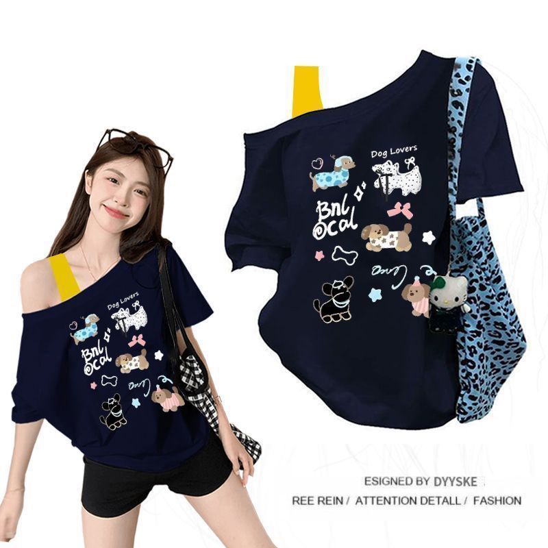 【ZHAP】新款单肩露肩吊带宽松短袖t恤女藏青色露肩上衣斜肩慵懒风