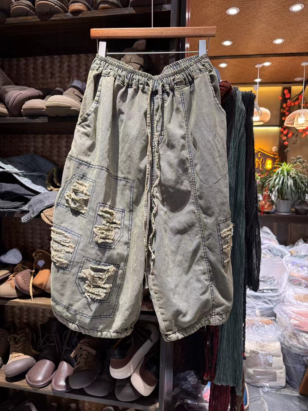 古木计～麻坊原创破洞牛仔8分裤夏季宽松（77长度）时尚复古gtal短裤