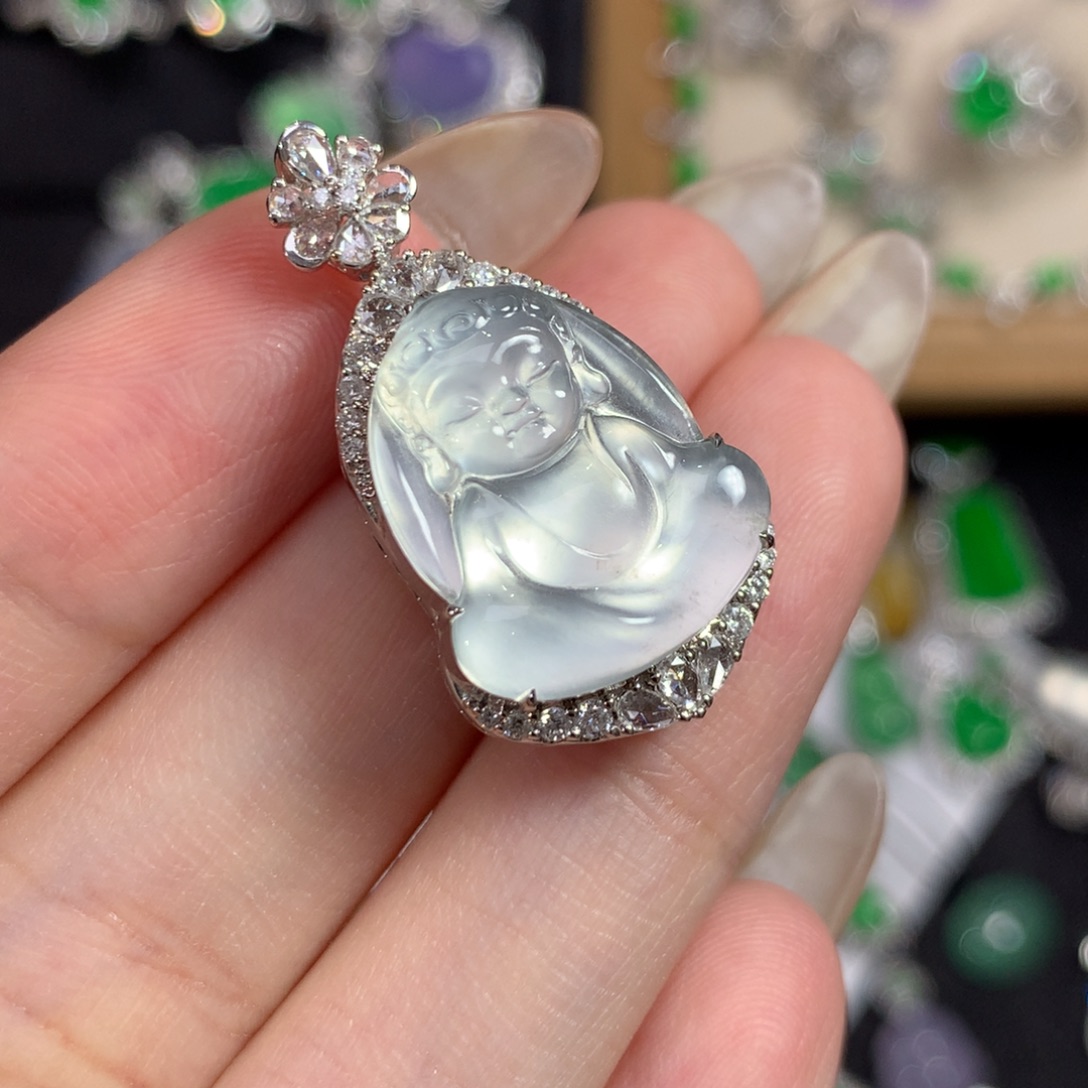 翡翠18K金镶嵌吊坠(赠链)玻璃宝宝佛