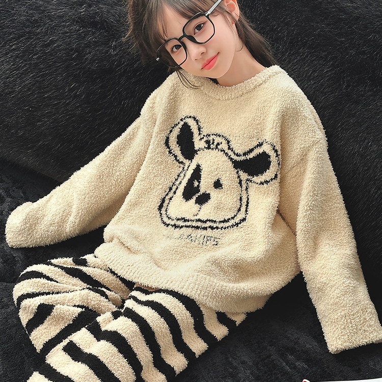 半边绒家居服套装冬季女童中大童儿童睡衣套头外穿宽松加绒加厚