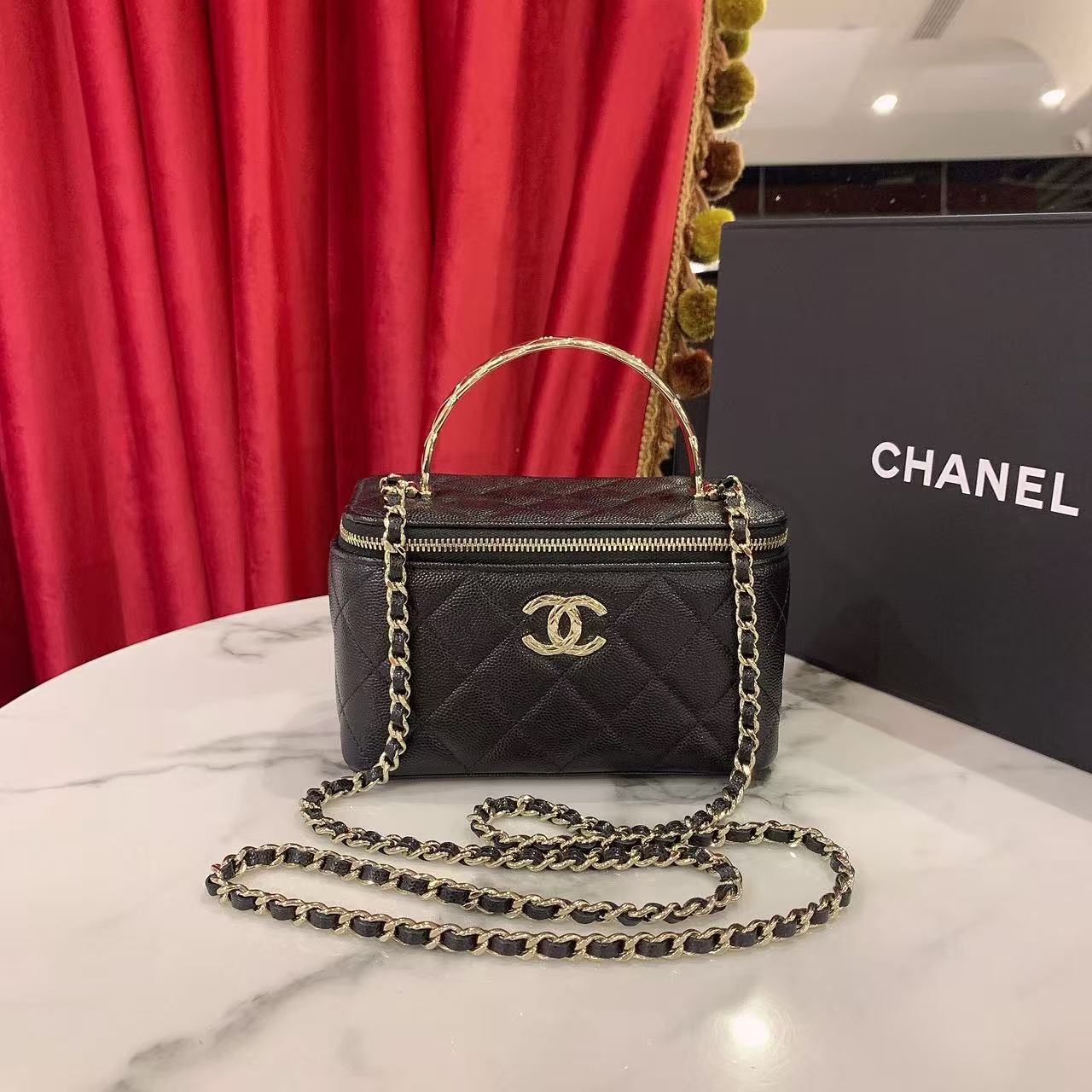 99新 Chanel/香奈儿 25s手柄长盒子黑金荔枝牛皮芯片款/97174736