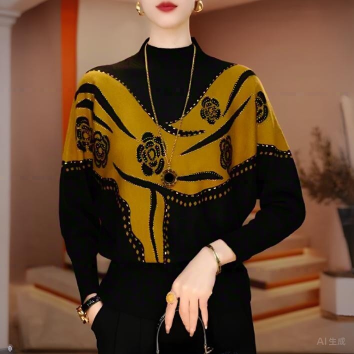 时尚气质显瘦高领女士针织衫秋冬新款洋气提花烫钻厚款保暖打底衫