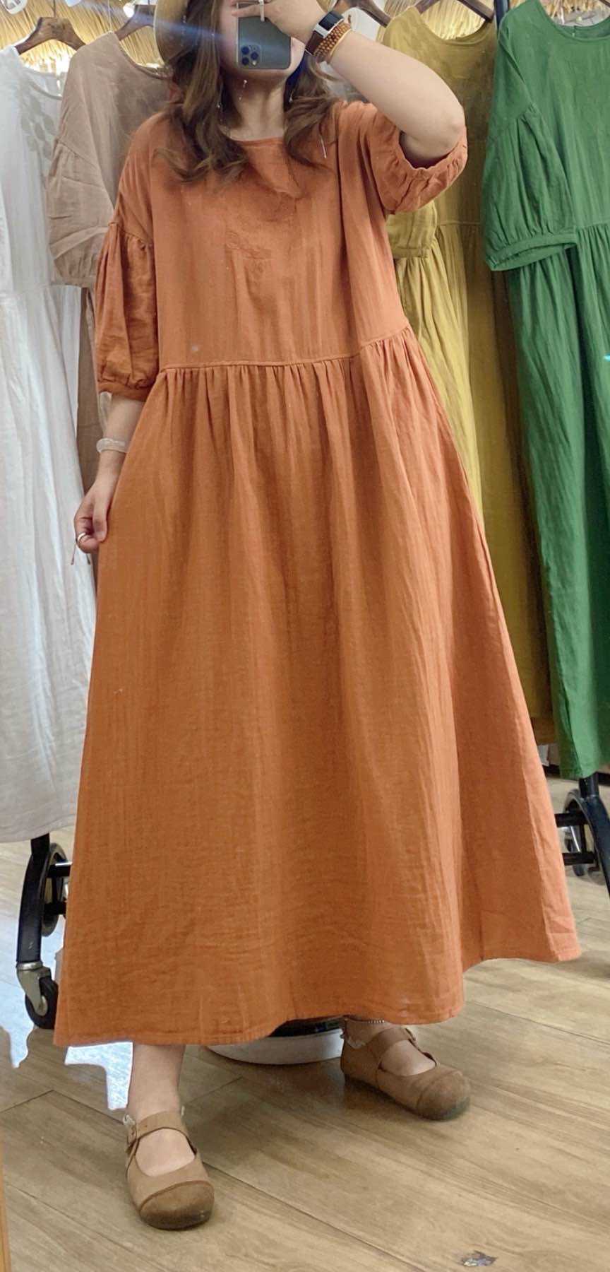 圆领双层棉纱重工刺绣泡泡袖百搭显瘦连衣裙女MZS 9592