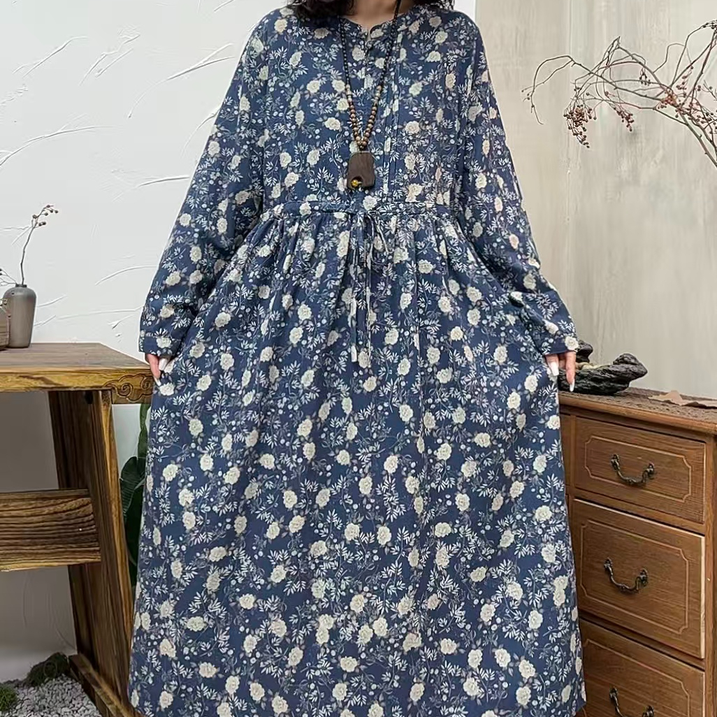 12615新款夏季优雅宽松大气印花福利款棉麻连衣裙