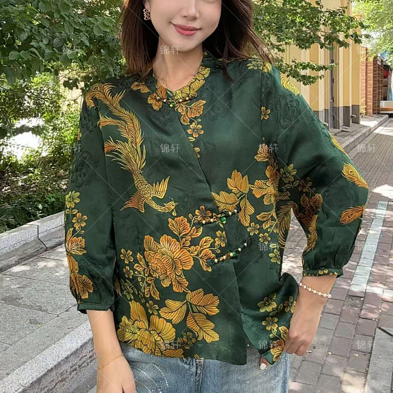 【锦轩】人丝新中式国风女装斜襟盘扣圆领时尚复古百搭上衣1327