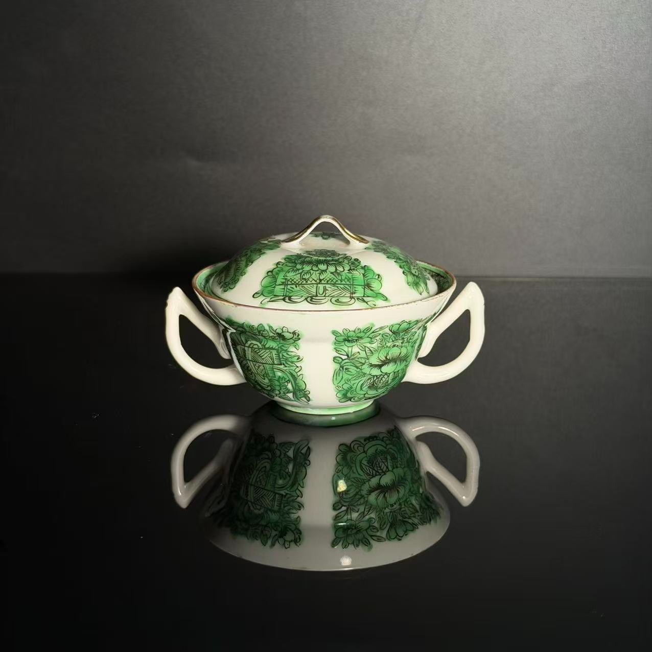 Lot2-晚清绿彩双耳盖碗 高6cm杯口9.5cm-YC10290004501115