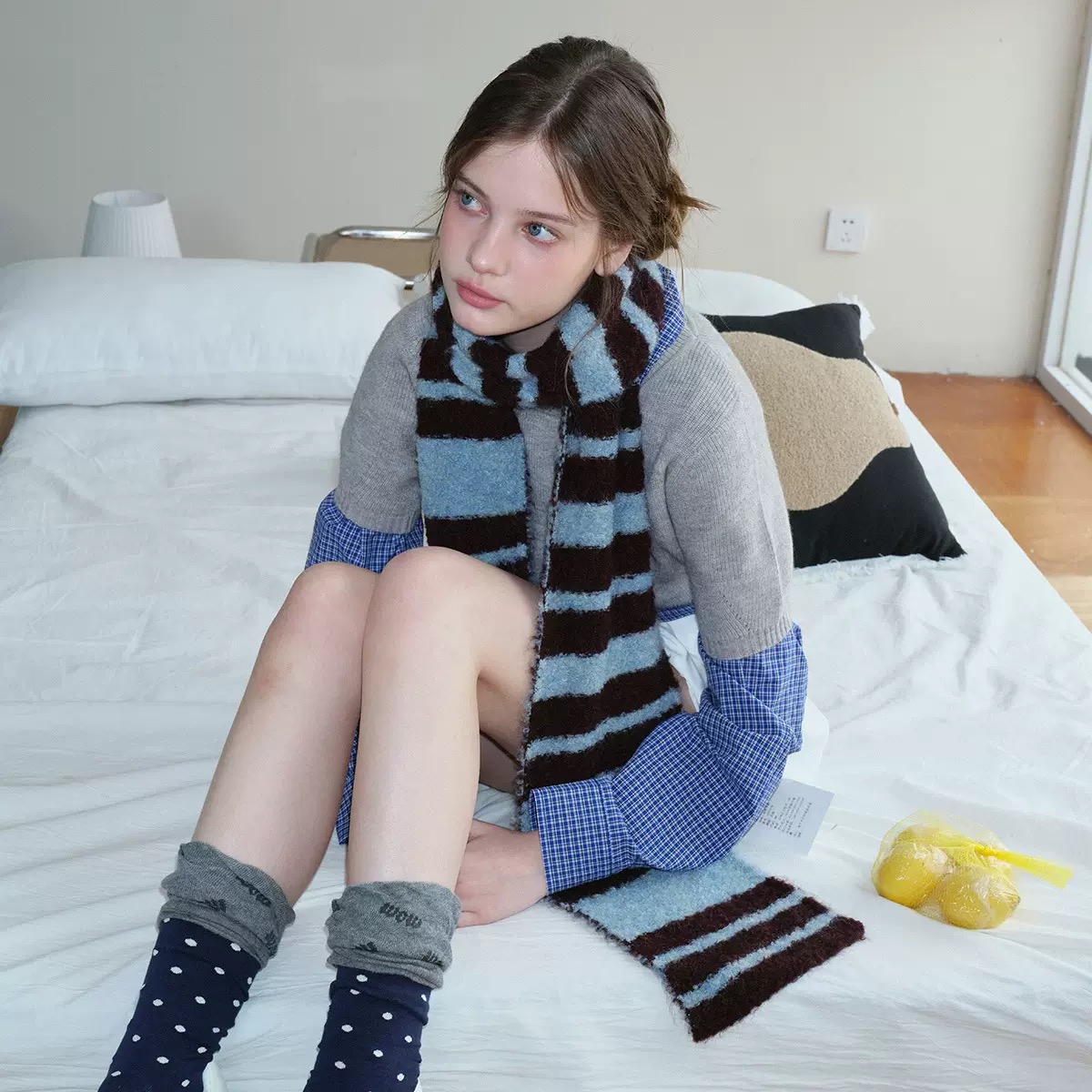 设计师款韩系圈圈条纹毛线围巾女冬季柔软复古撞色氛围感毛线围巾