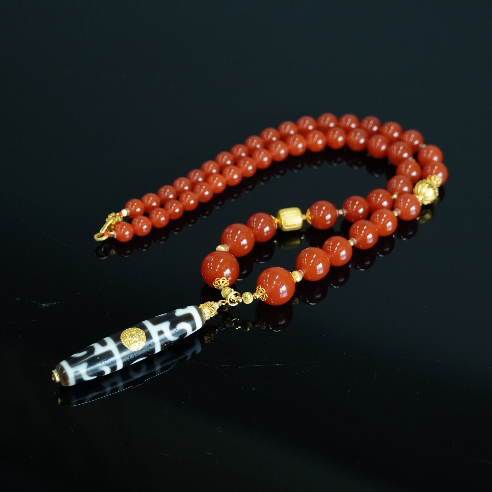 【不二】三眼莲师天珠18K金南红冰红DIY塔链（多样性发）