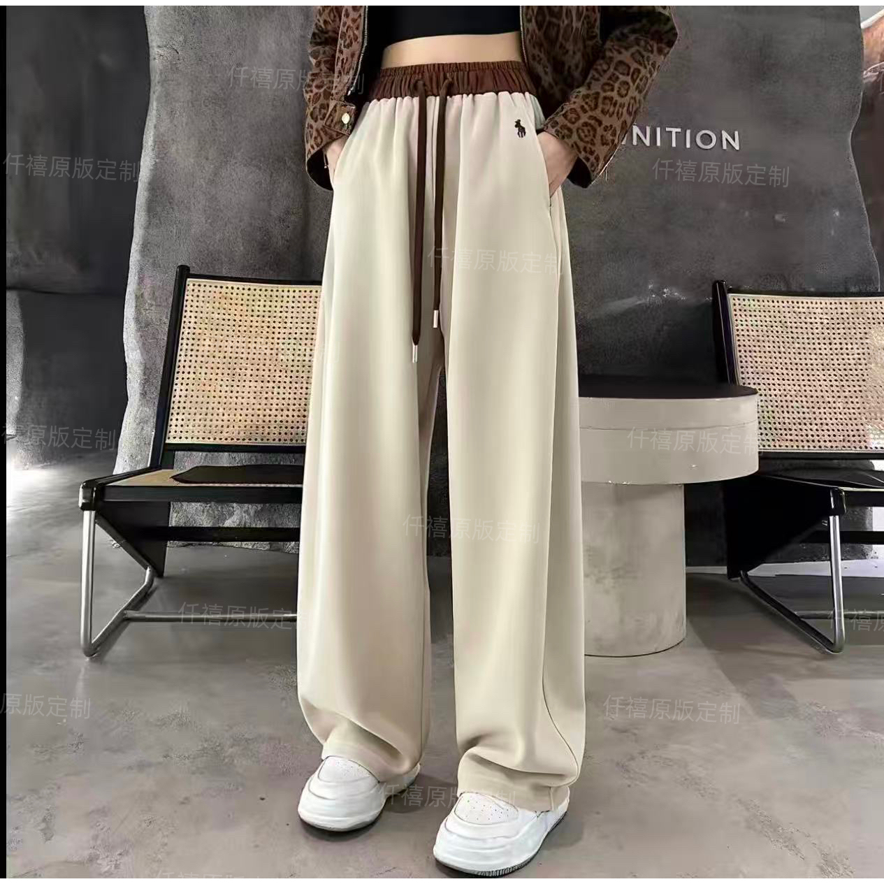 【CC公主专属】慵懒风刺绣阔腿裤女秋冬加厚宽松百搭拼色休闲弯刀裤