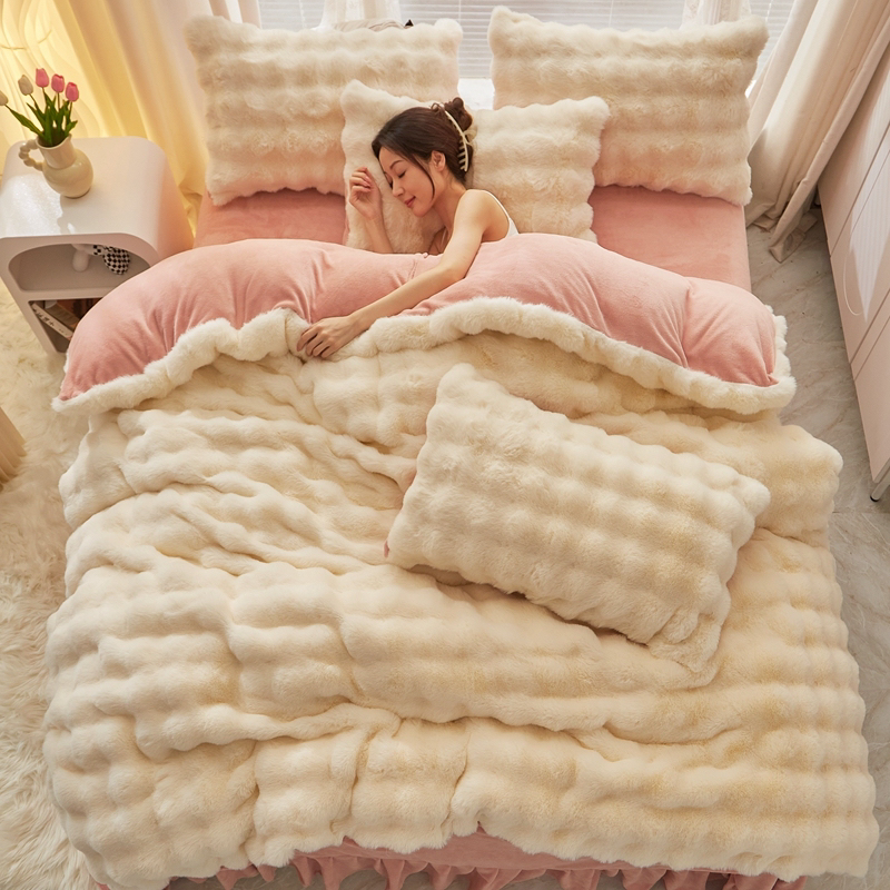 冬季加厚牛奶绒床上四件套双面兔毛绒珊瑚床单被套加绒保暖三件套