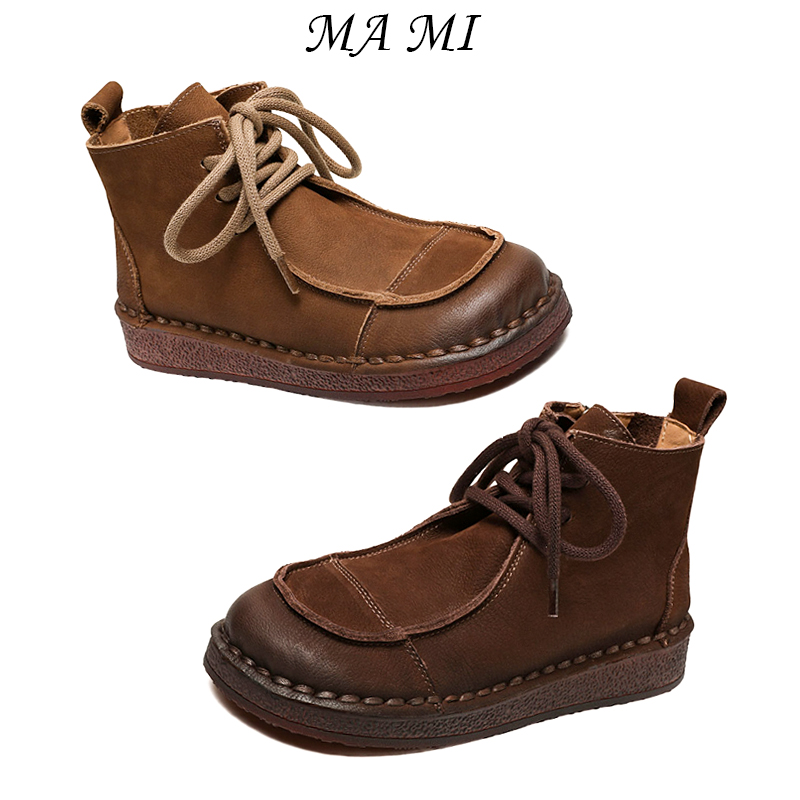 【MAMI】新款软皮软底复古休闲高帮女鞋百搭平底短靴春秋单靴女靴