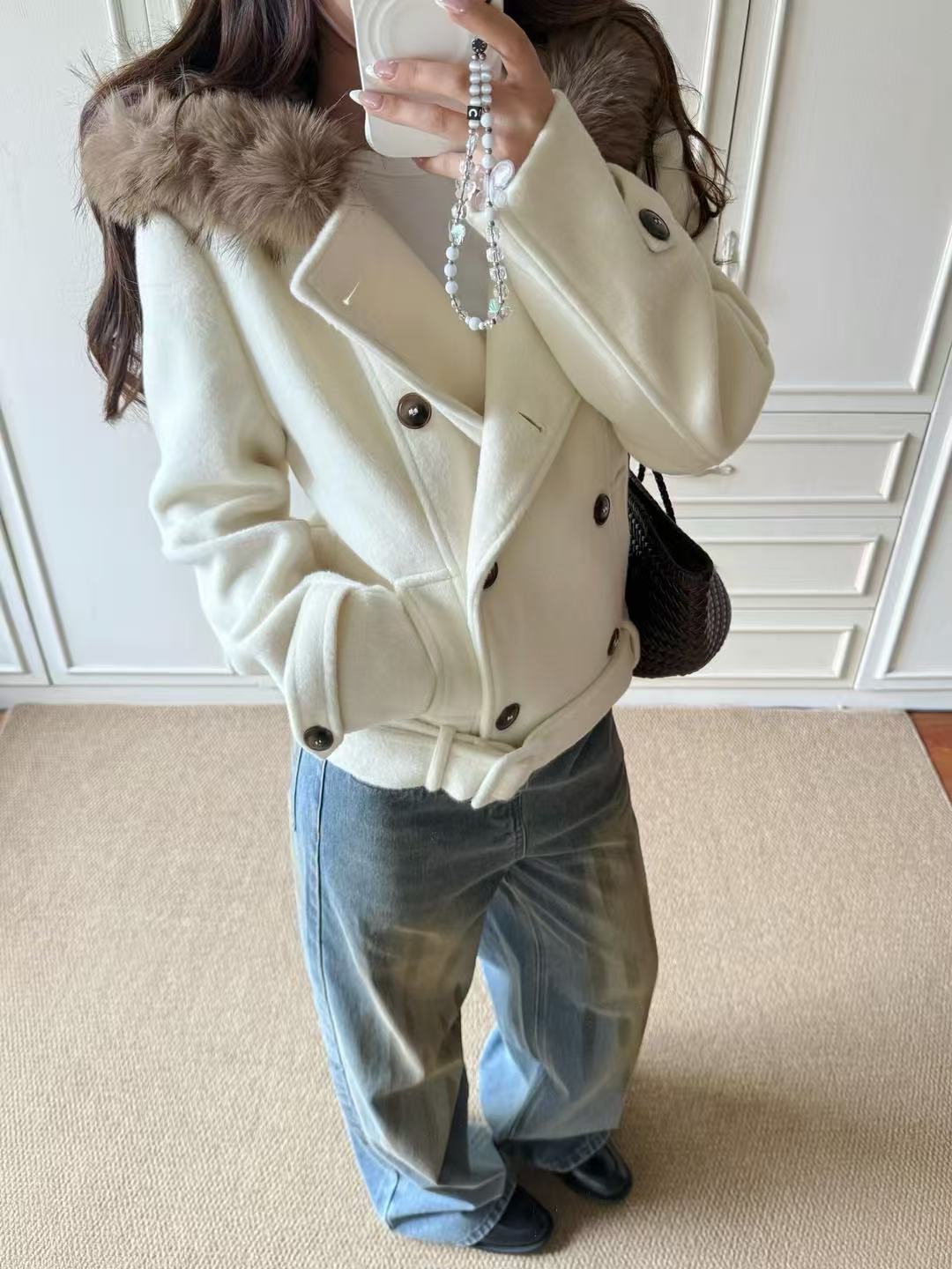 米古古 青柠 #1931-新 韩系毛领双排扣收腰连帽外套（S 衣长54）