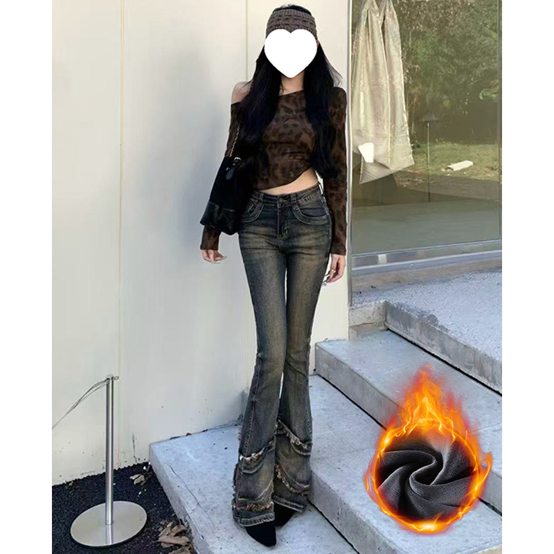 美式复古加绒毛须边辣妹微喇牛仔裤女2025秋季新款拼接修身马蹄裤