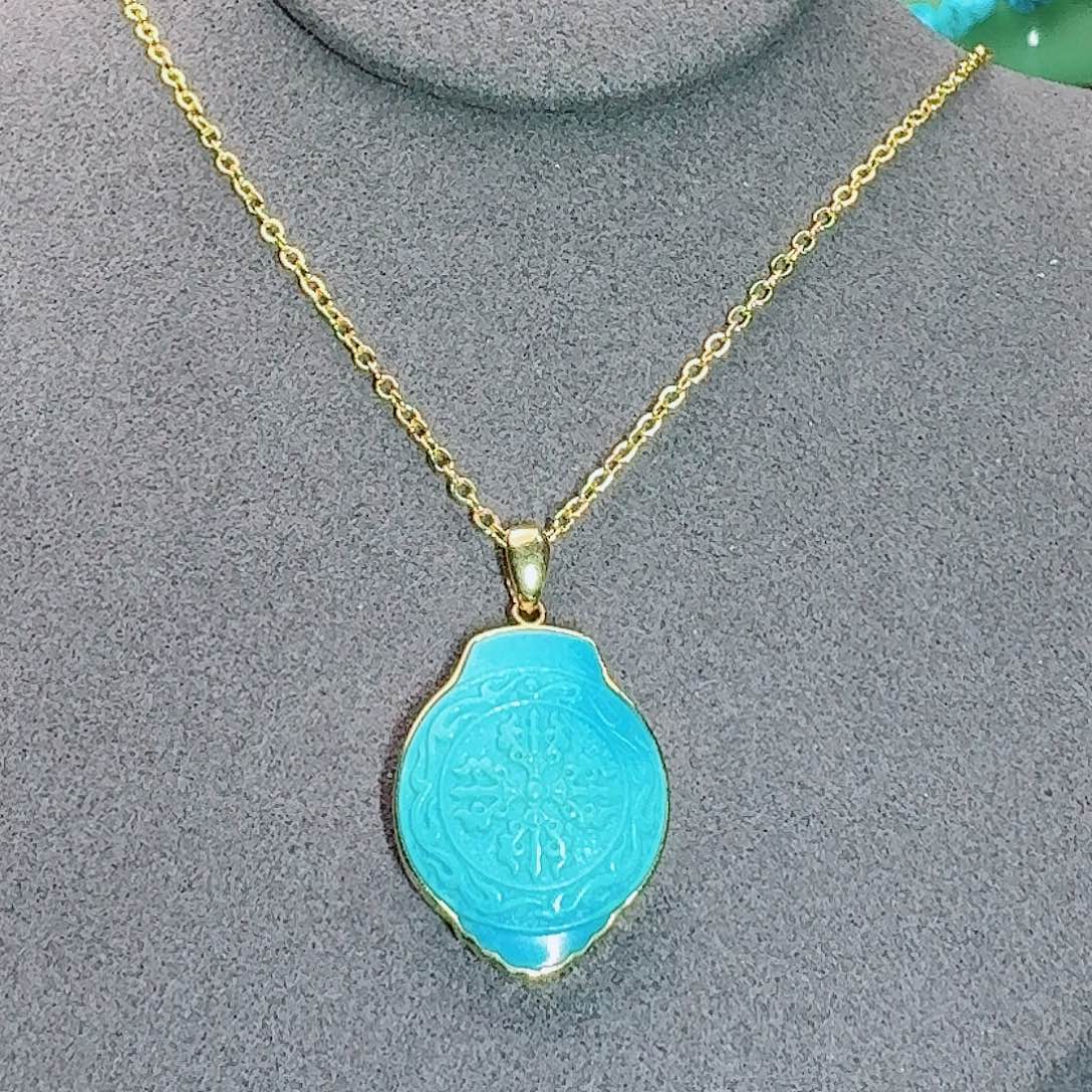 绿松石18K金镶嵌颈饰精工暴暴蓝九宫八卦牌