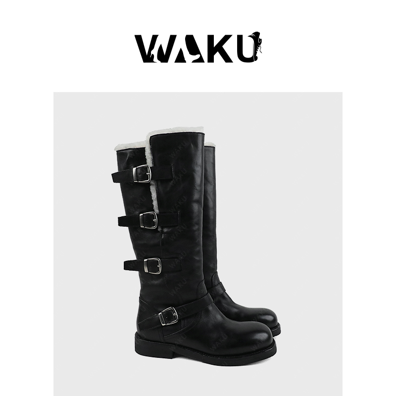 水洗马皮锁扣细节骑士靴皮毛一体保暖加厚满配秀场时装靴