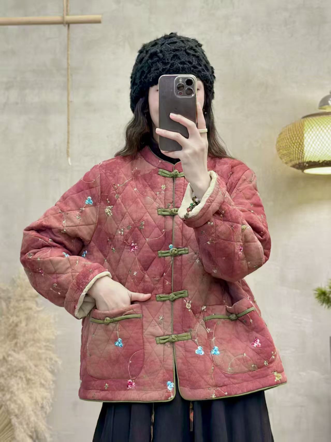 新款冬季刺绣扎染棉袄常规款女上衣盘扣长袖外套中国风