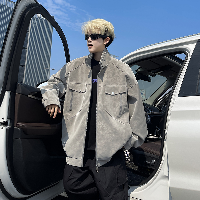 美式立领pu皮飞行员夹克男秋季cleanfit重磅棒球服潮流显肩宽外套