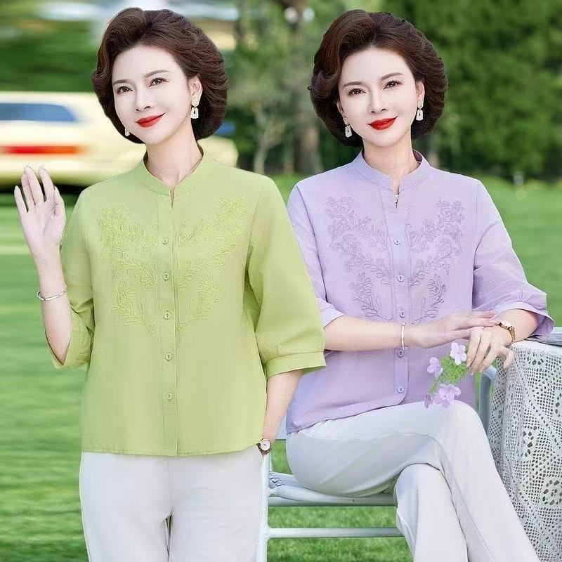 时尚妈妈衬衫七分袖夏季夏装开衫新款衬衣薄款中老年中年纯色上衣