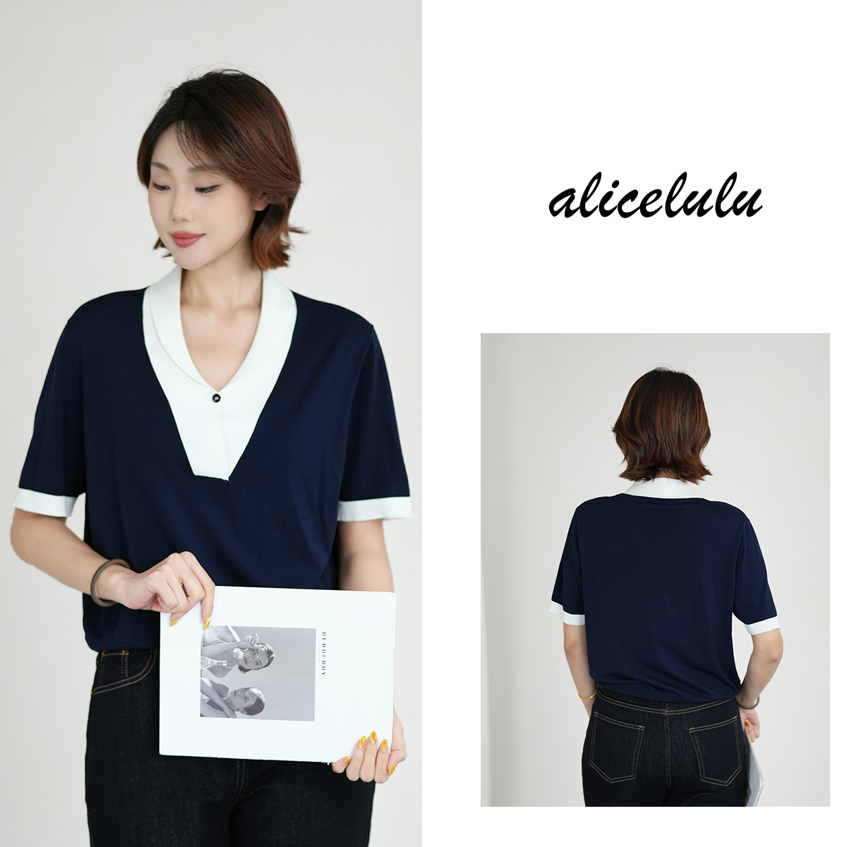 1[alicelulu] 时尚拼接套头针织衫宽松舒适薄款短袖 S2144437L