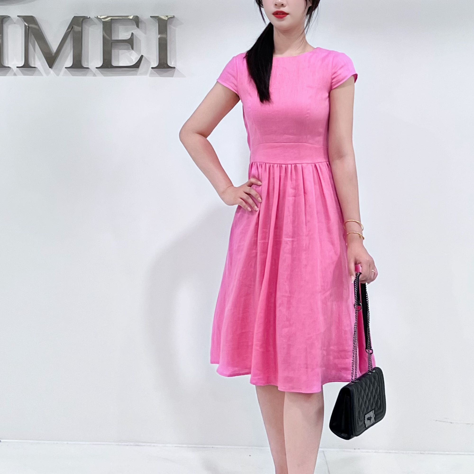 2025短袖常规中长裙纯色一字领礼服中腰连衣裙基本款