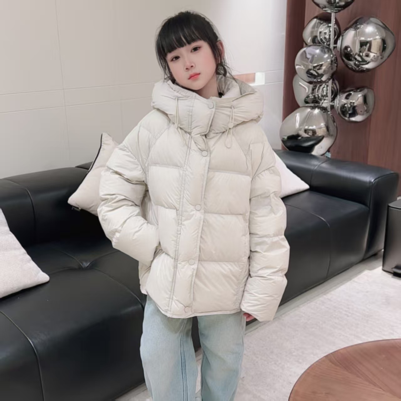 （朵妈）儿童羽绒服2025新款短款男女童外套加厚纯色连帽男童洋气潮