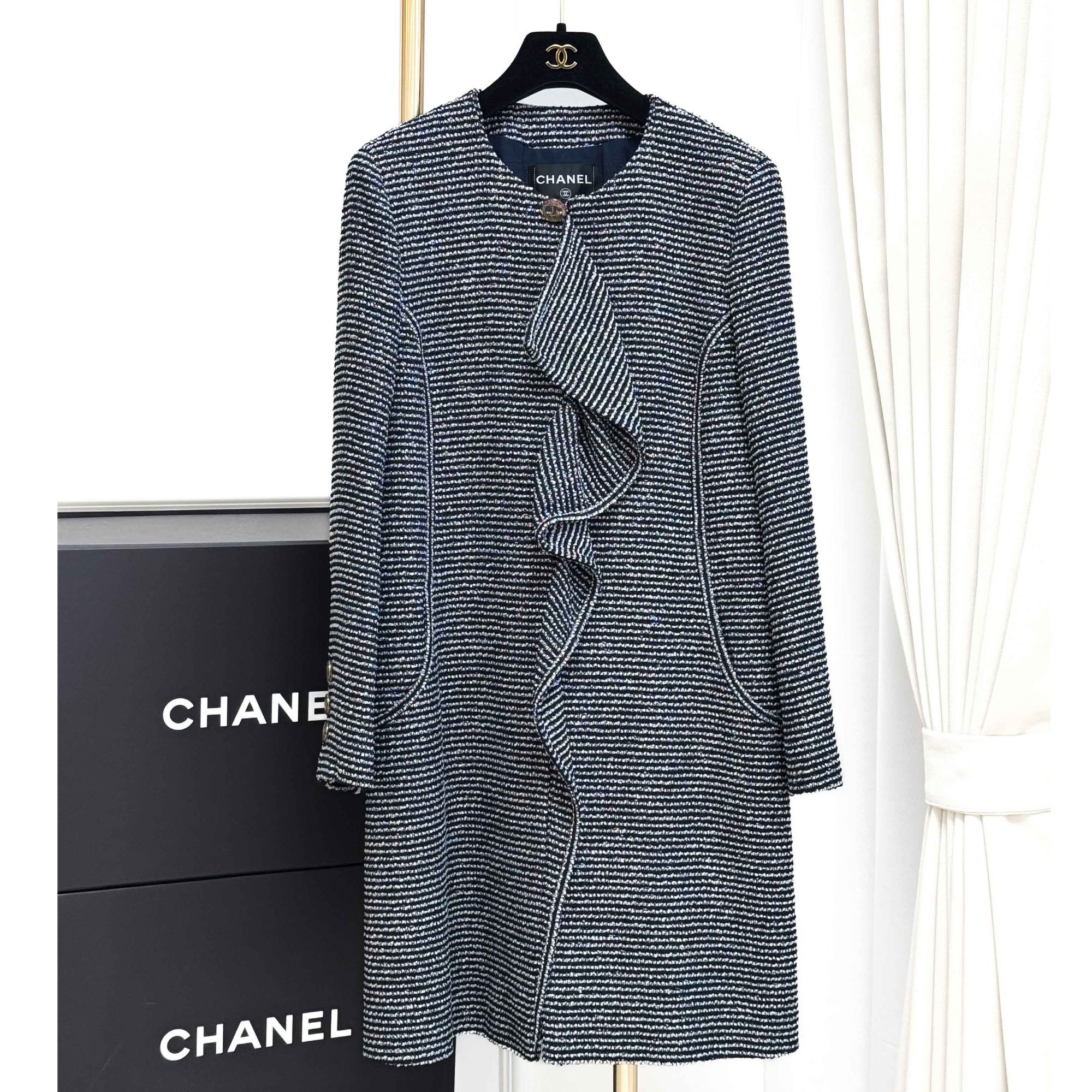 99新 Chanel/香奈儿 38码20C深蓝色条纹中长款外套