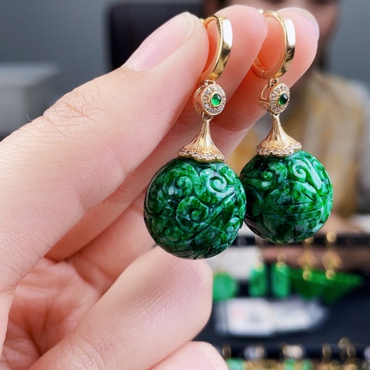 翡翠耳饰银S925镶嵌饰品