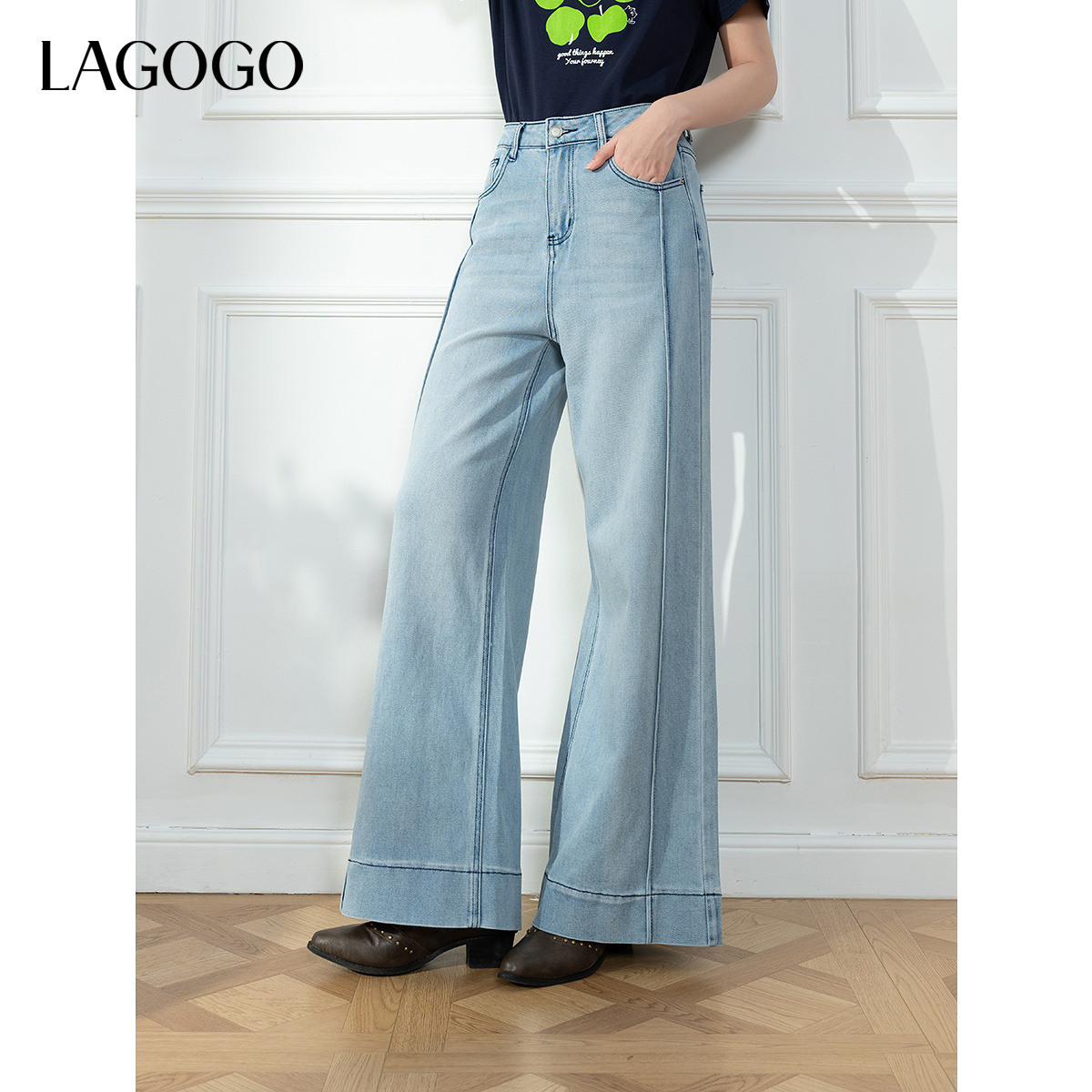【芋总专属】lagogo新款浅牛仔蓝高腰阔腿牛仔裤女OCNN537WI8