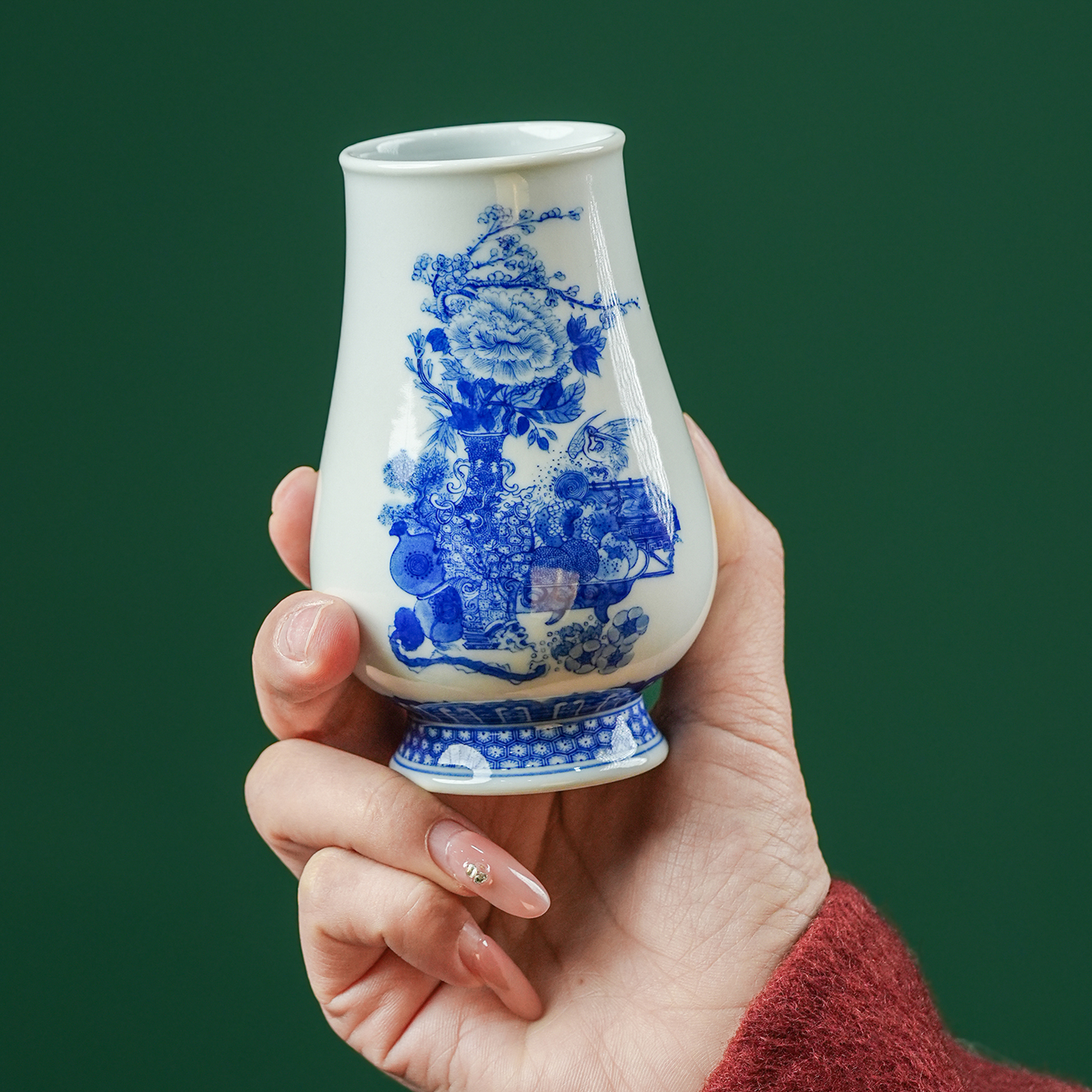 艺家仁晚来美学 青花博古清供图威士忌杯主人杯景德镇纯手绘茶器