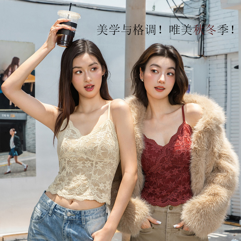 秋冬百搭法式蕾丝吊带修身显瘦免穿内衣一体杯吊带保暖背心6099Z